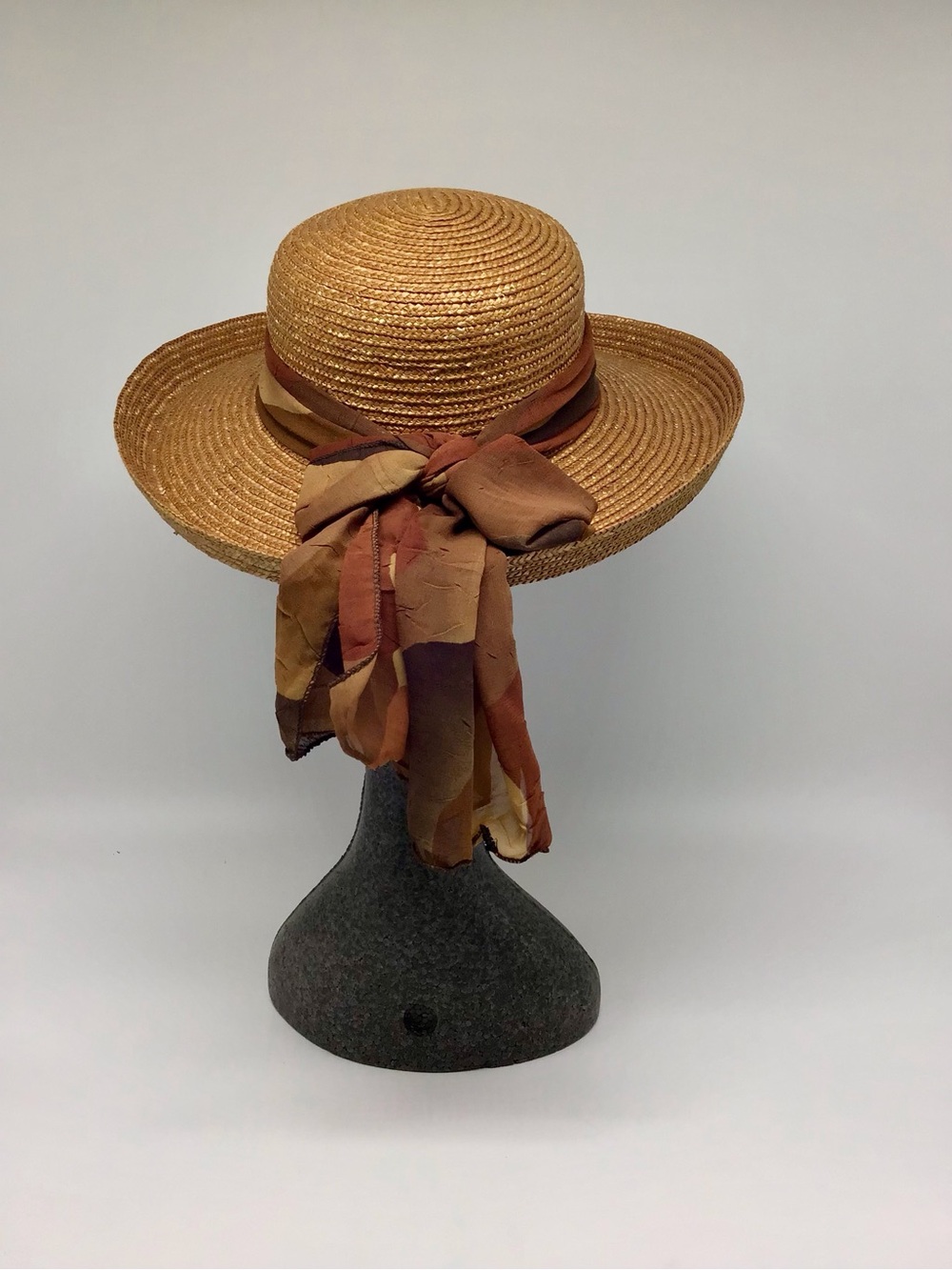 Wide Brim Straw Sun Hat with Brown Scarf